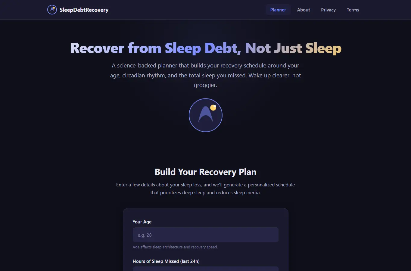 Screenshot of Sleep Debt Recovery Planner interface showing the project page in use